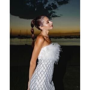 NEW NWT Amy Lynn Bardot Faux Fur Midi Dress White Silver size Large